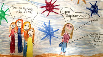 A children's drawing showing five girls, one of whom is wearing a mask and has an antiseptic, gloves and a mask in her bag. The four girls ask her where she got all this stuff and the girl replies that she is a pharmacist